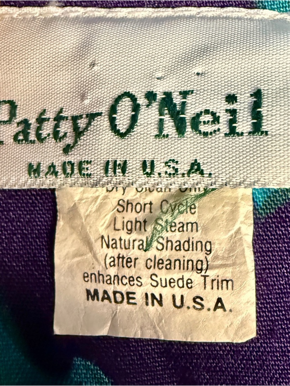 Patty O’Neil VTG 80s Purple Teal Baroque Print Rayon Dress w/ Suede Trim | Sz 6 - Picture 9 of 12